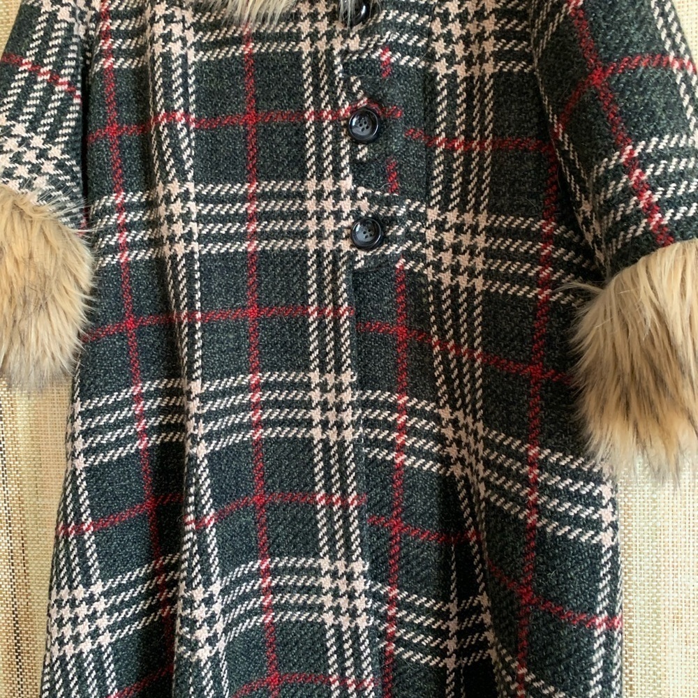 Vintage BANNED Plaid Faux Fur Trim Trench Coat Jacket Chic Fashion Designer - Picture 2 of 6